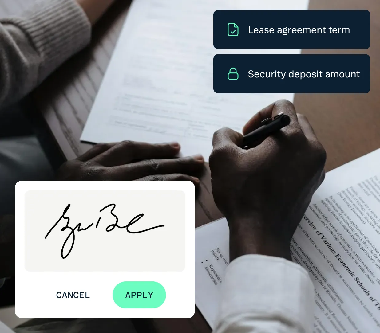 Illustration of signing lease paperwork